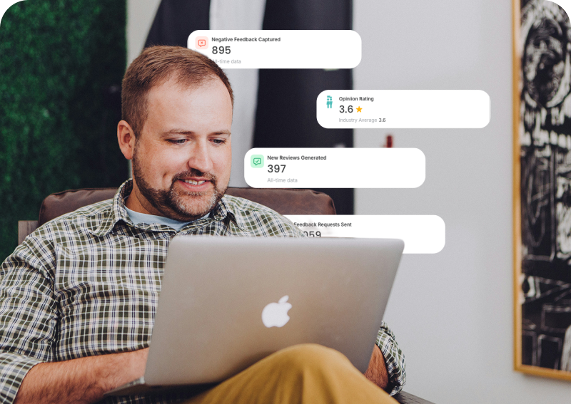 Man reviewing resident feedback platform data on a laptop - Opiniion: Resident Insight that Drives Property Success