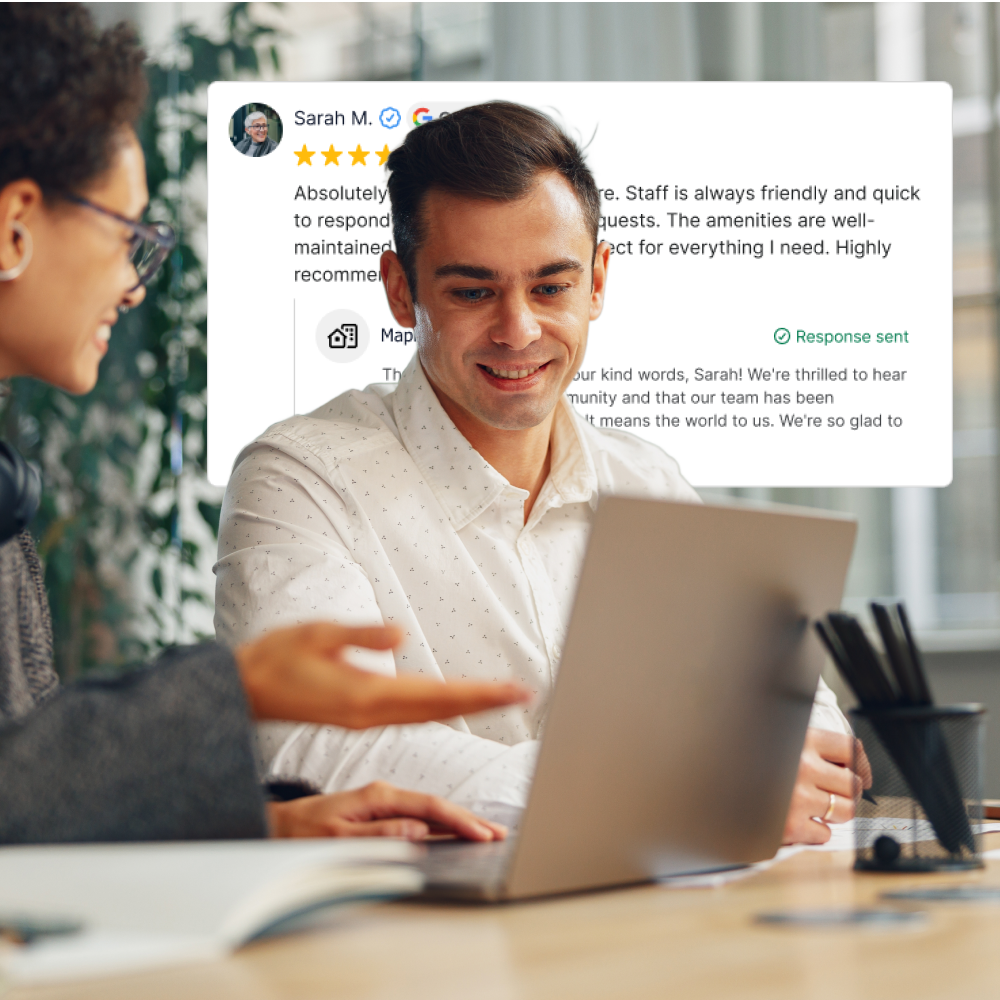 Two people discussing marketing and leasing strategies on a laptop - Opiniion: Resident Insight that Drives Property Success