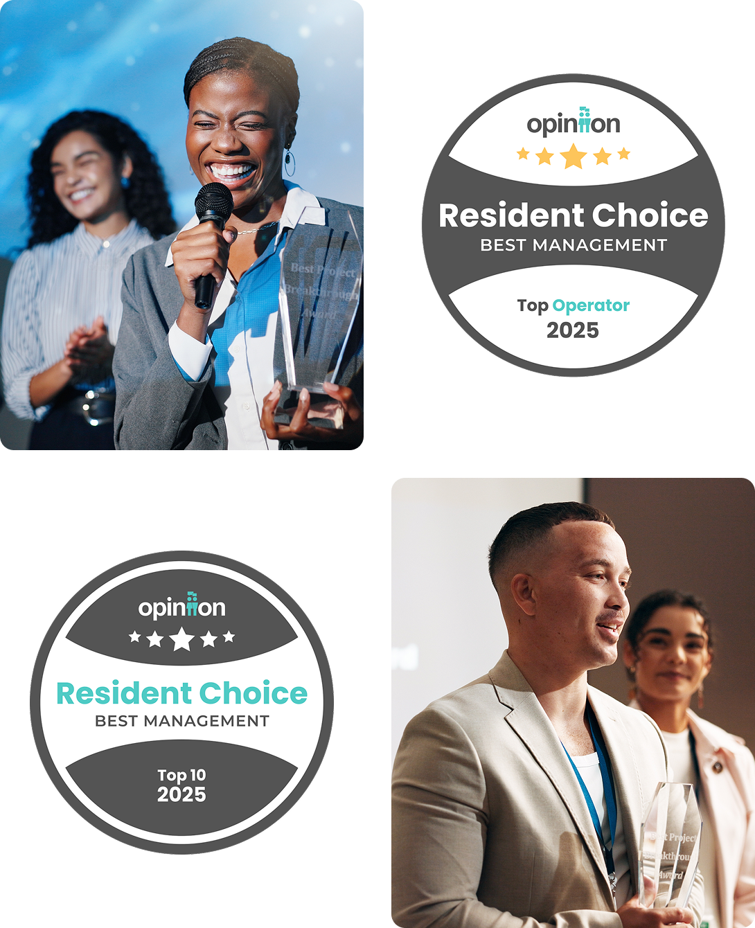 Resident Choice Awards winners holding trophies, including Best Management Top Operator 2025 - Opiniion: Resident Insight that Drives Property Success