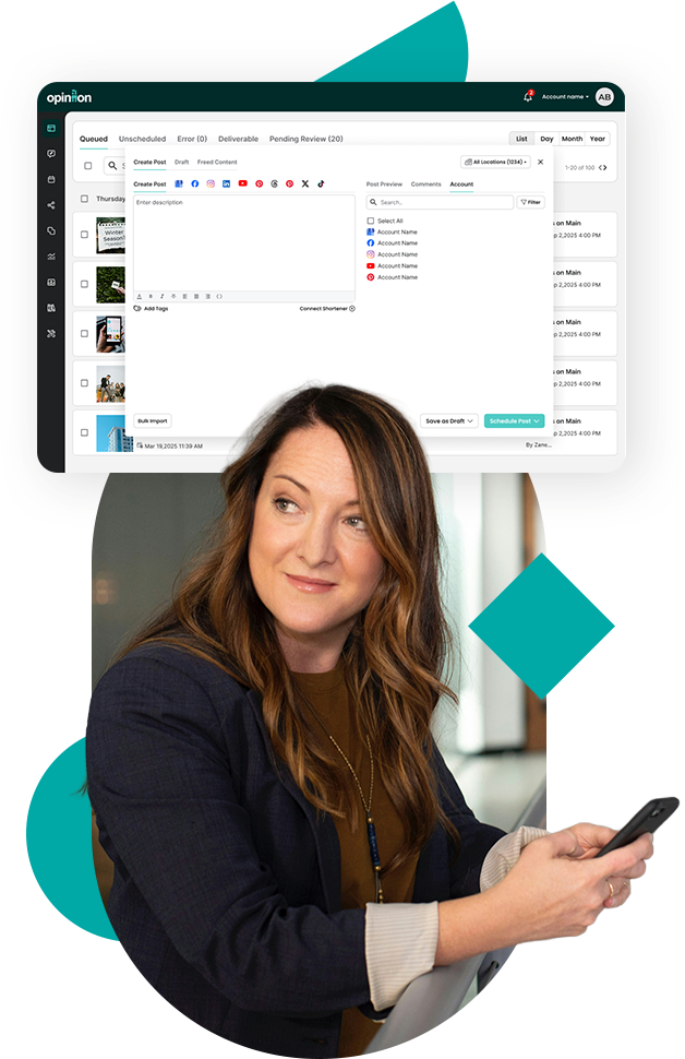 AI-powered platform interface with a professional holding a smartphone - Opiniion: Resident Insight that Drives Property Success