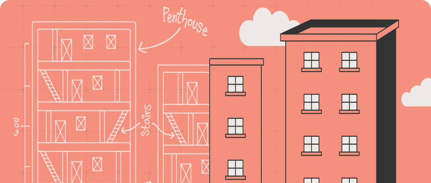 Illustration of apartment building with resident feedback platform elements - Opiniion: Resident Insight that Drives Property Success