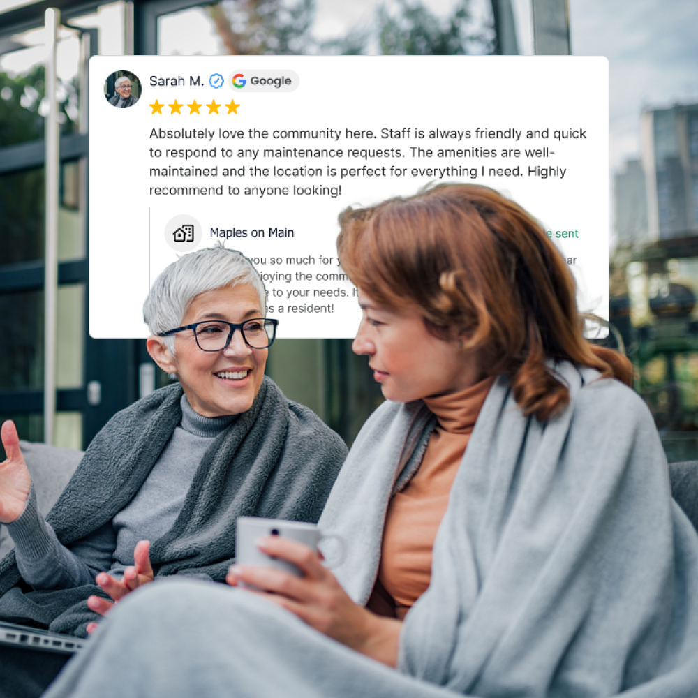 Two women enjoying senior living community outdoor area - Opiniion: Resident Insight that Drives Property Success