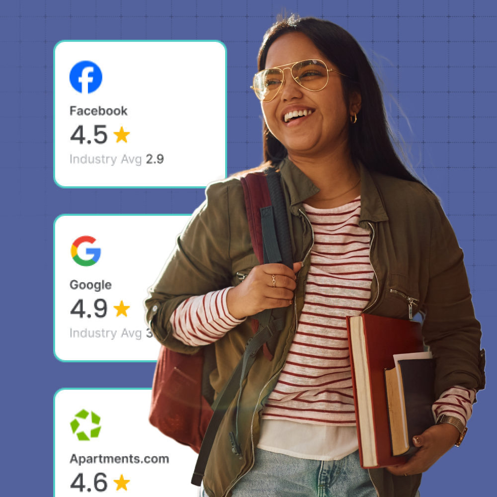 Happy student with books showcasing top-rated student housing reviews - Opiniion: Resident Insight that Drives Property Success