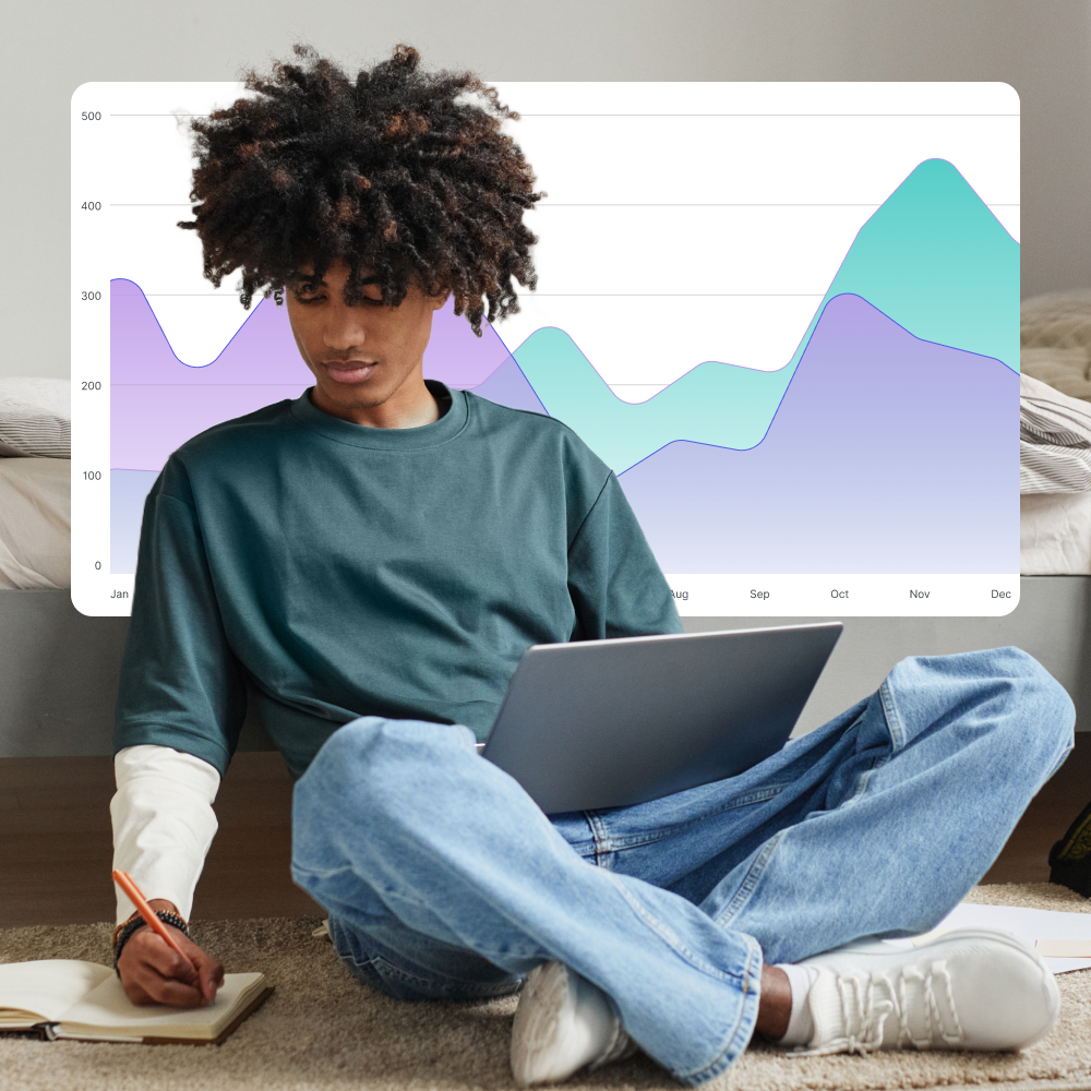 Student using laptop in housing with analytics chart in background - Opiniion: Resident Insight that Drives Property Success