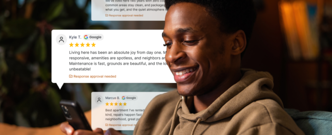 Man reading positive online reviews on a smartphone - Opiniion: Resident Insight that Drives Property Success