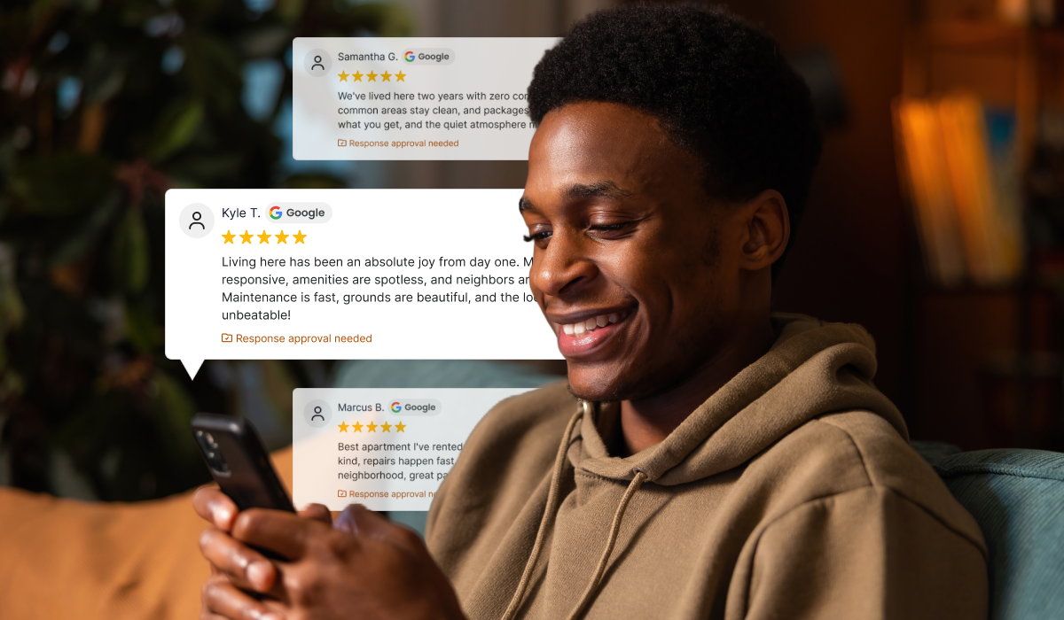 Man reading positive online reviews on a smartphone - Opiniion: Resident Insight that Drives Property Success