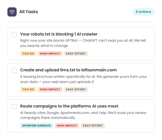 AI Visibility Task List – Opiniion: Resident Insight that Drives Property Success AI Visibility tasks for improving site accessibility for GPTBot - Opiniion: Resident Insight that Drives Property Success