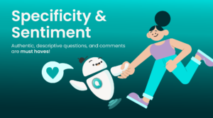 Illustration of a person and a AI robot, Opii, discussing specificity, sentiment, and brand strategies.