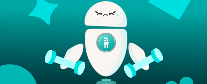 Robot struggling with weights, symbolizing AI confidence challenges in property reviews - Opiniion: Resident Insight that Drives Property Success