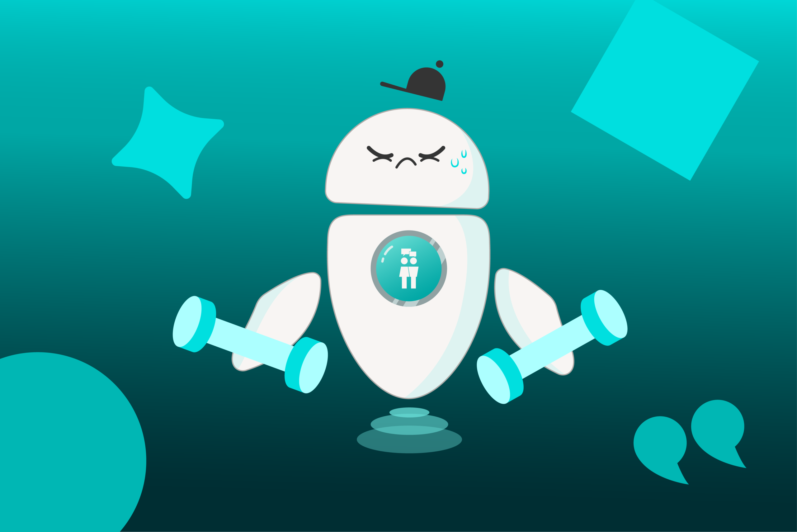 Robot struggling with weights, symbolizing AI confidence challenges in property reviews - Opiniion: Resident Insight that Drives Property Success