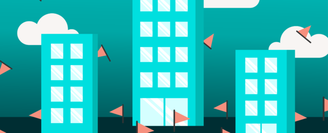AI flagging property reviews illustration with skyscrapers and flags - Opiniion: Resident Insight that Drives Property Success
