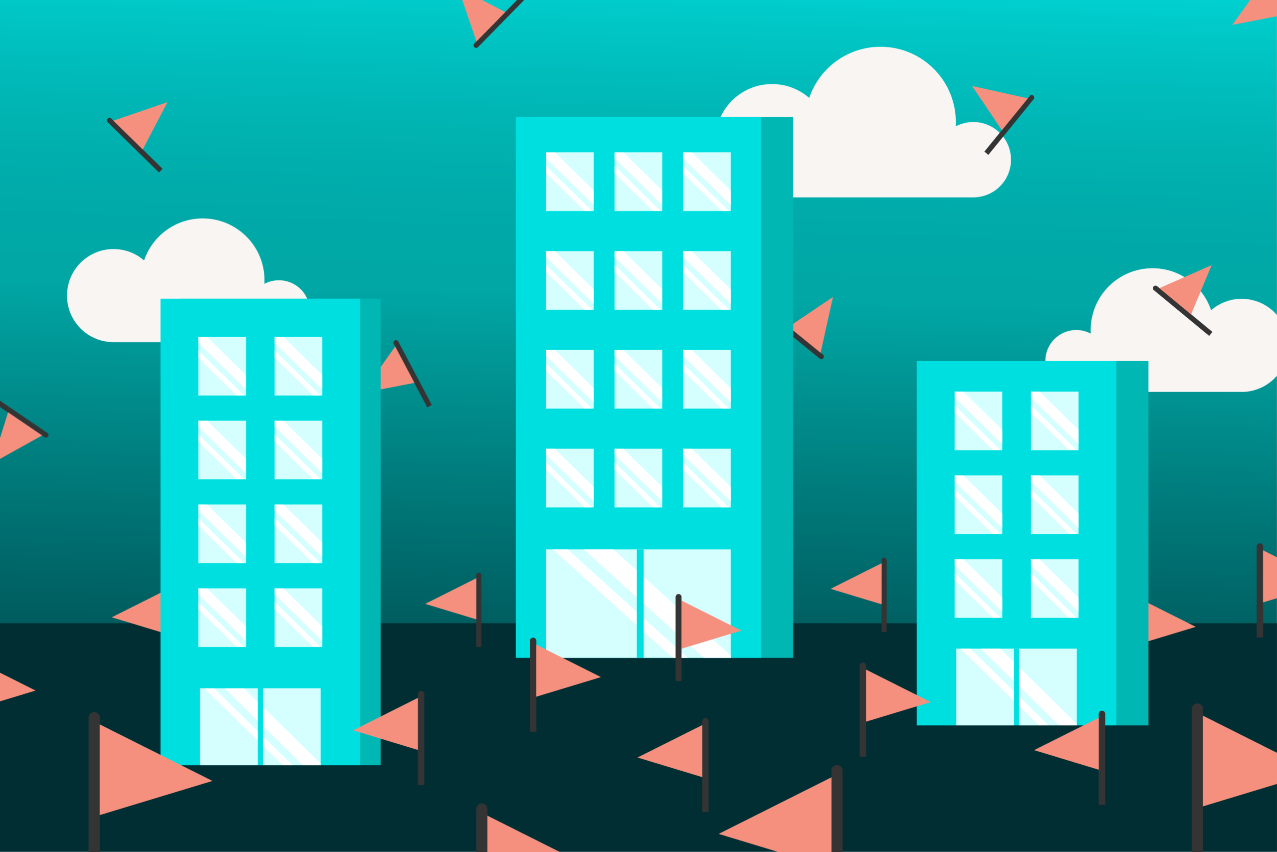 AI flagging property reviews illustration with skyscrapers and flags - Opiniion: Resident Insight that Drives Property Success